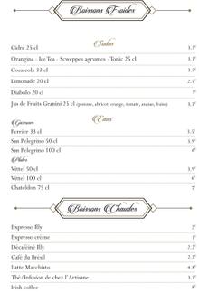 Carte des boissons froides et chaudes