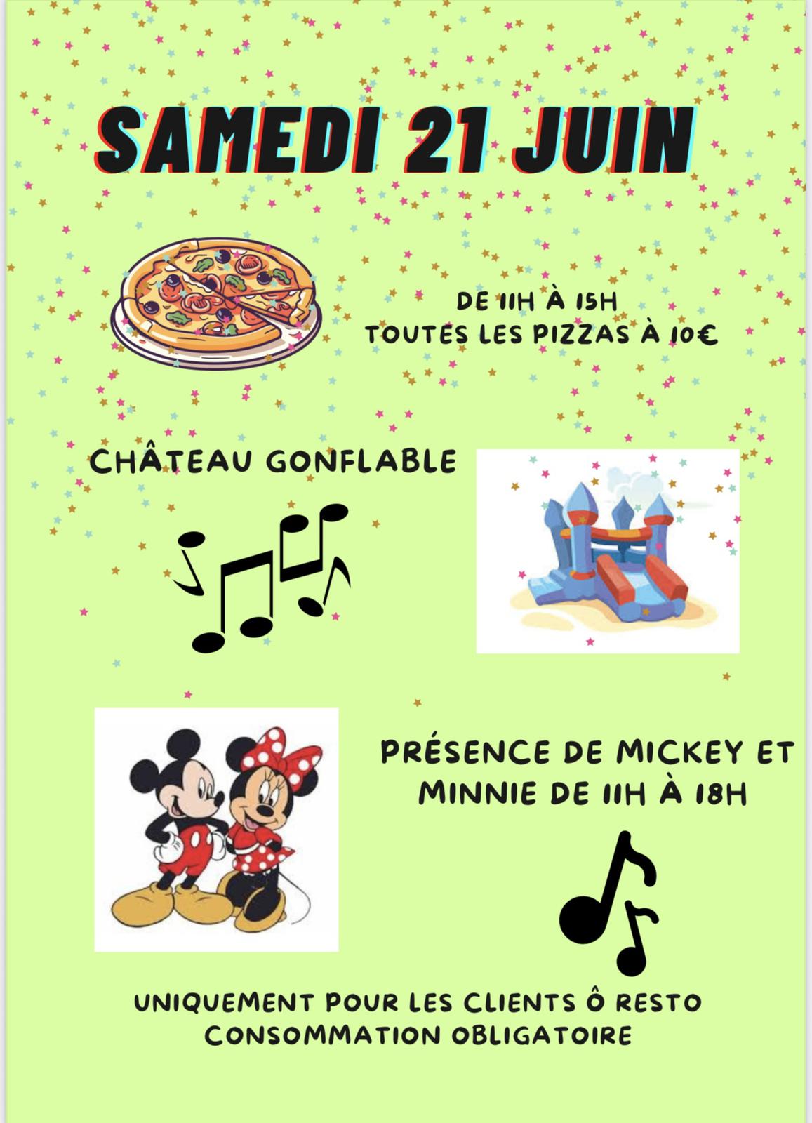 Samedi 21 juin Mickey Minnie pizza 10 euros jeux gonflables