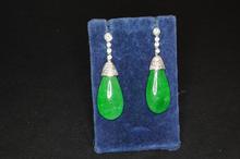 2 boucles d'oreilles or blanc diamants 2 gouttes en jade
