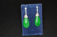 2 boucles d'oreilles or blanc diamants 2 gouttes en jade